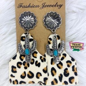 Leopard Leather Cowhide Ear Tag Cactus Turquoise Stone Western Drop Earrings